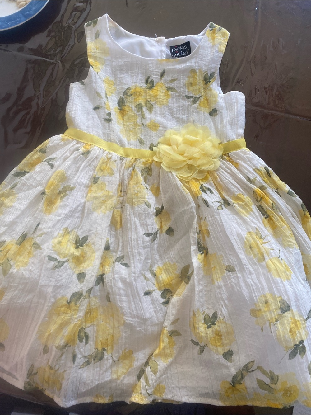 Pink & Violet Yellow Floral Sleeveless Girls Dress with Flower Accent